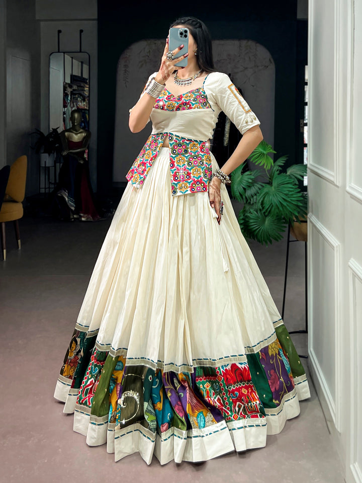 Artistic Off White Gamthi Work Cotton Navratri Wear Lehenga Choli