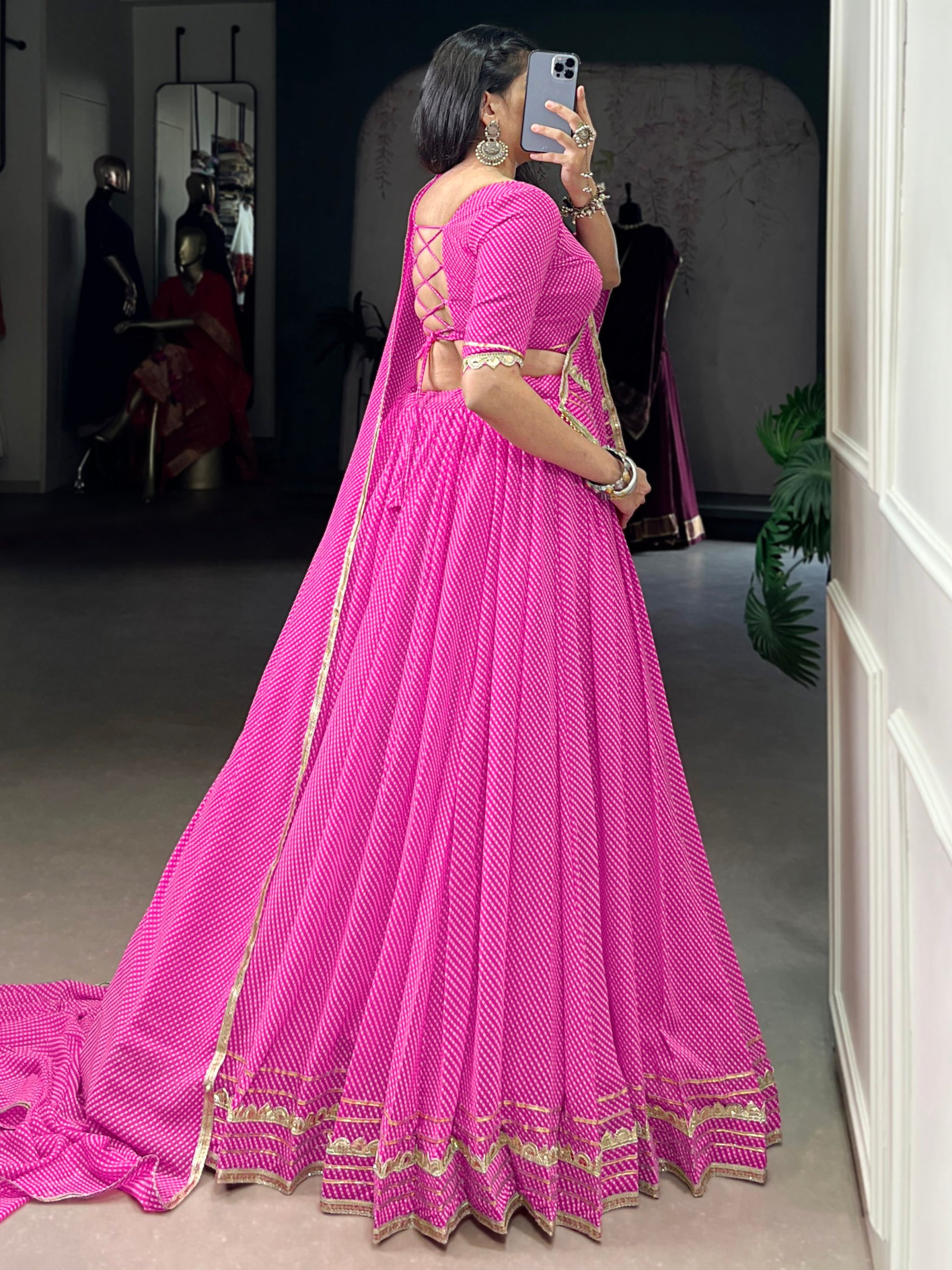 Appealing Pink Bandhej Print Georgette Festive Wear Lehenga Choli With Dupatta