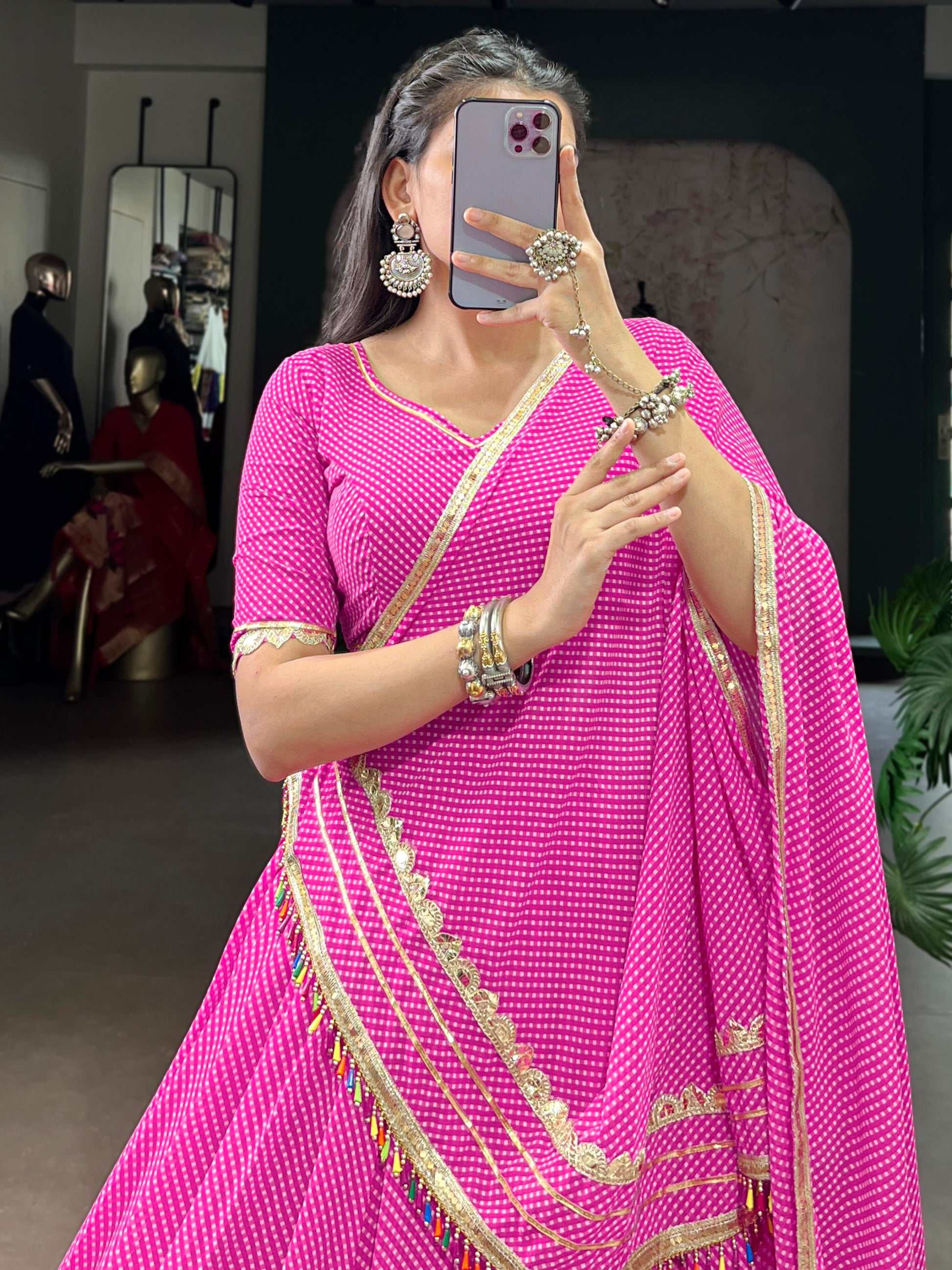 Appealing Pink Bandhej Print Georgette Festive Wear Lehenga Choli With Dupatta