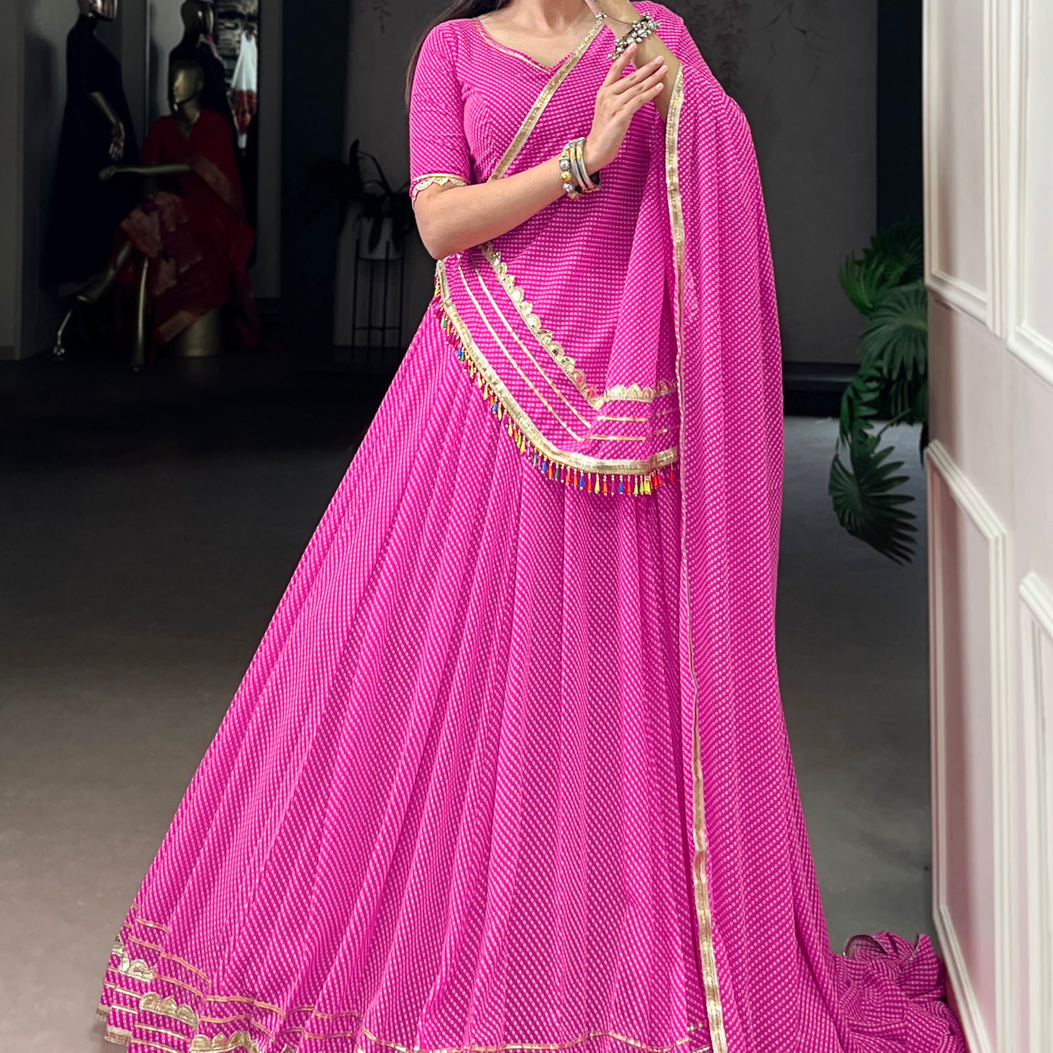 Appealing Pink Bandhej Print Georgette Festive Wear Lehenga Choli With Dupatta
