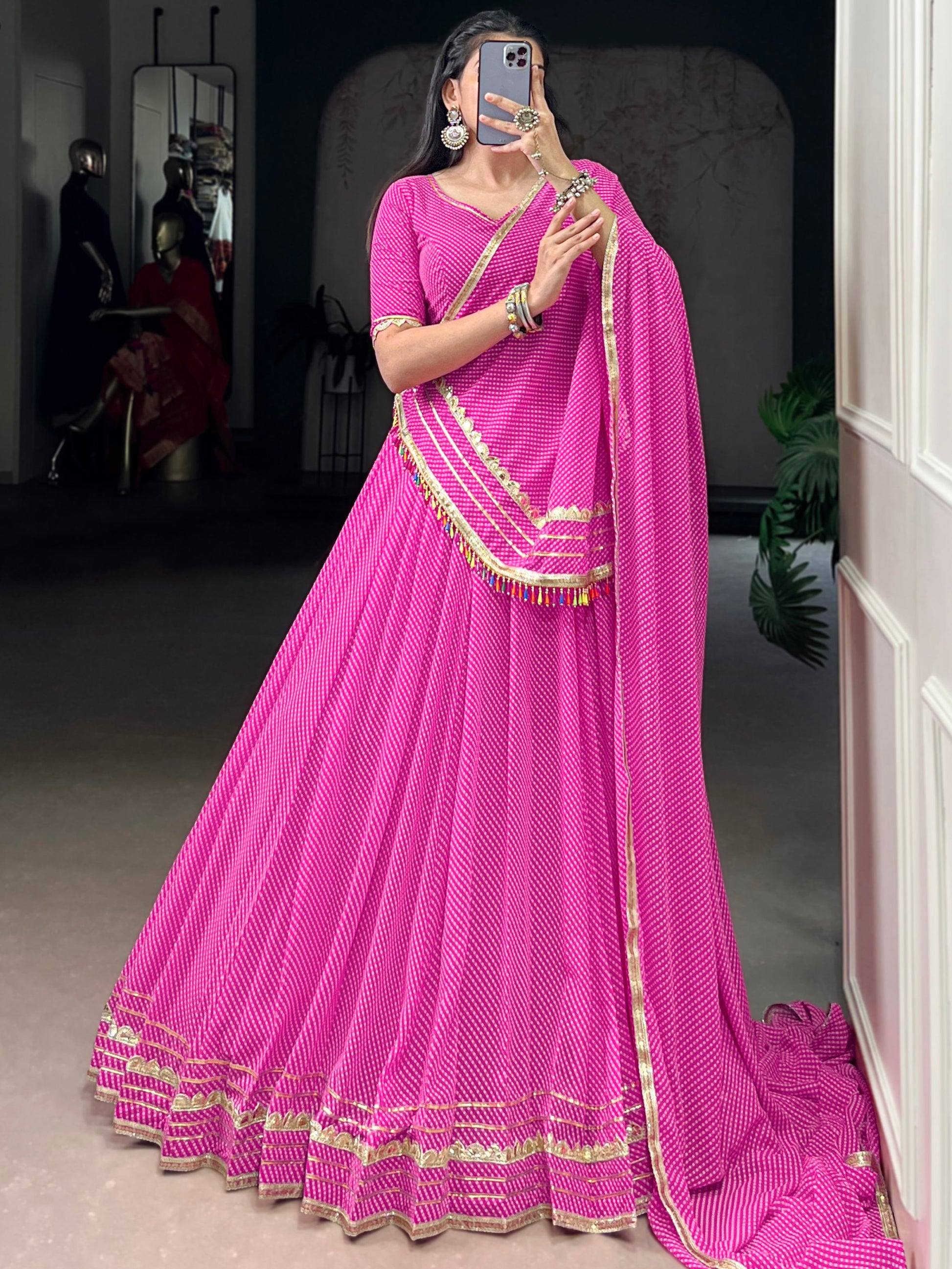 Appealing Pink Bandhej Print Georgette Festive Wear Lehenga Choli With Dupatta