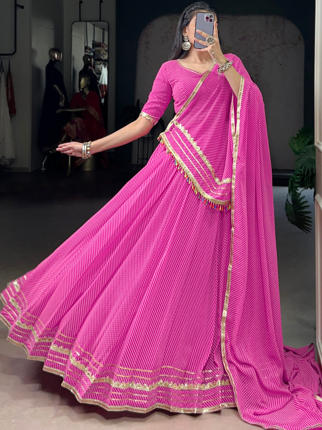 Appealing Pink Bandhej Print Georgette Festive Wear Lehenga Choli With Dupatta