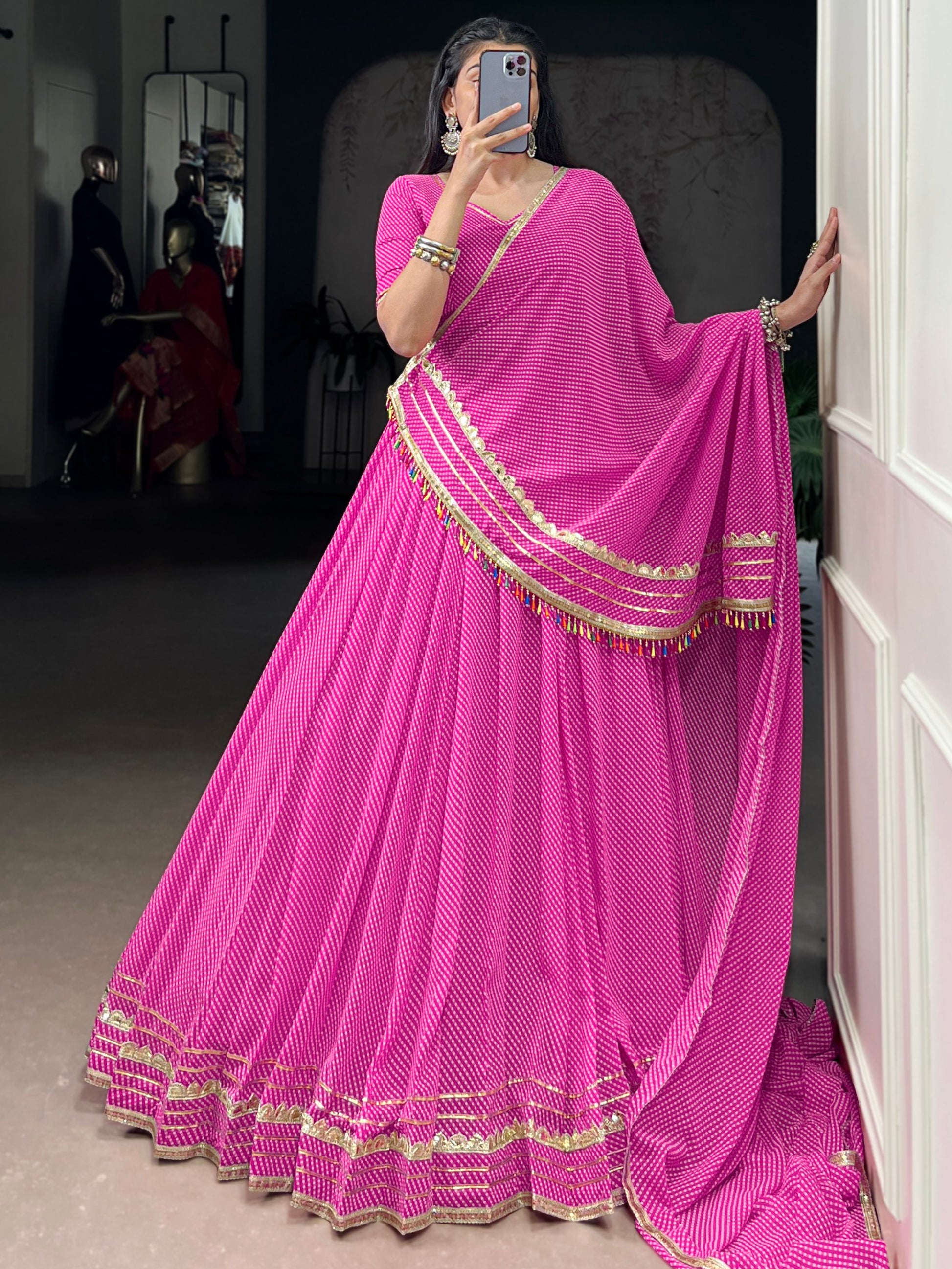 Appealing Pink Bandhej Print Georgette Festive Wear Lehenga Choli With Dupatta