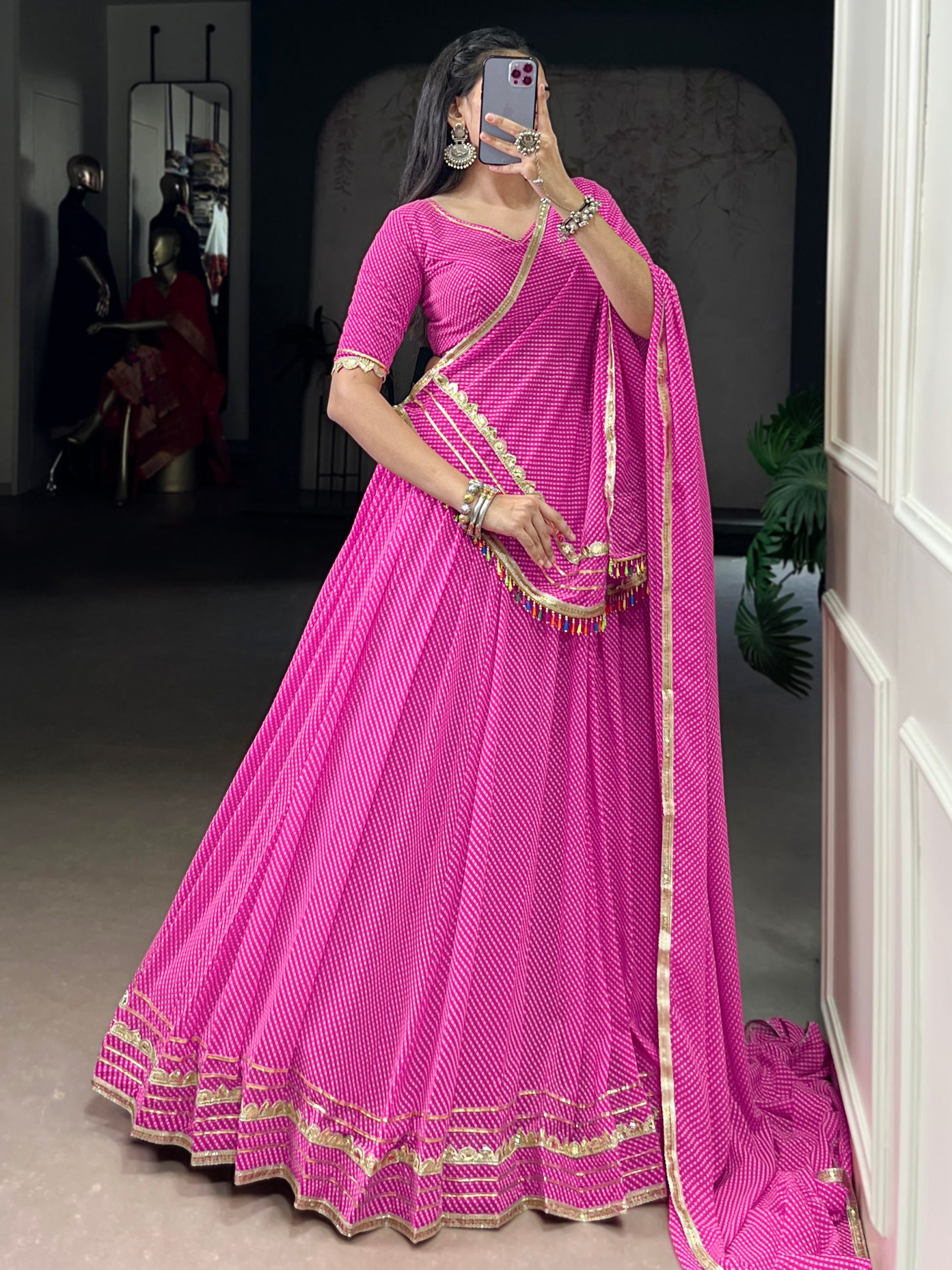 Appealing Pink Bandhej Print Georgette Festive Wear Lehenga Choli With Dupatta