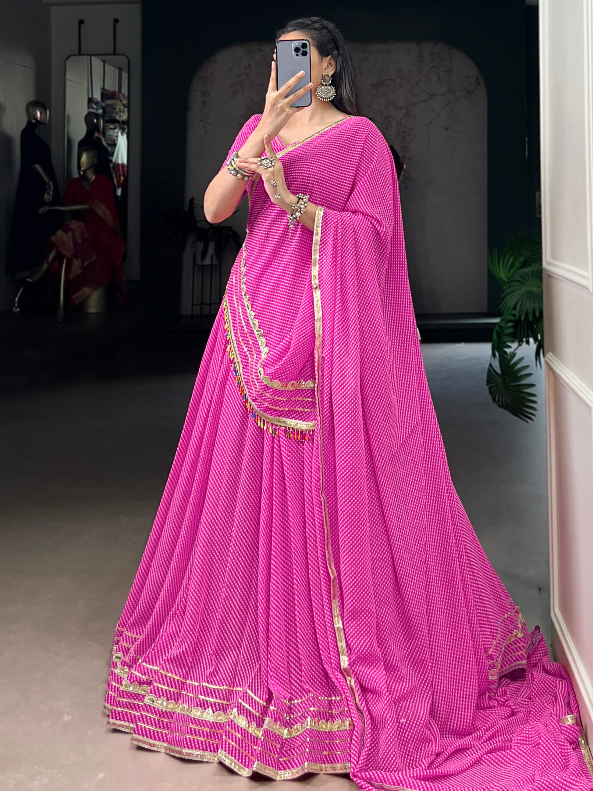 Appealing Pink Bandhej Print Georgette Festive Wear Lehenga Choli With Dupatta