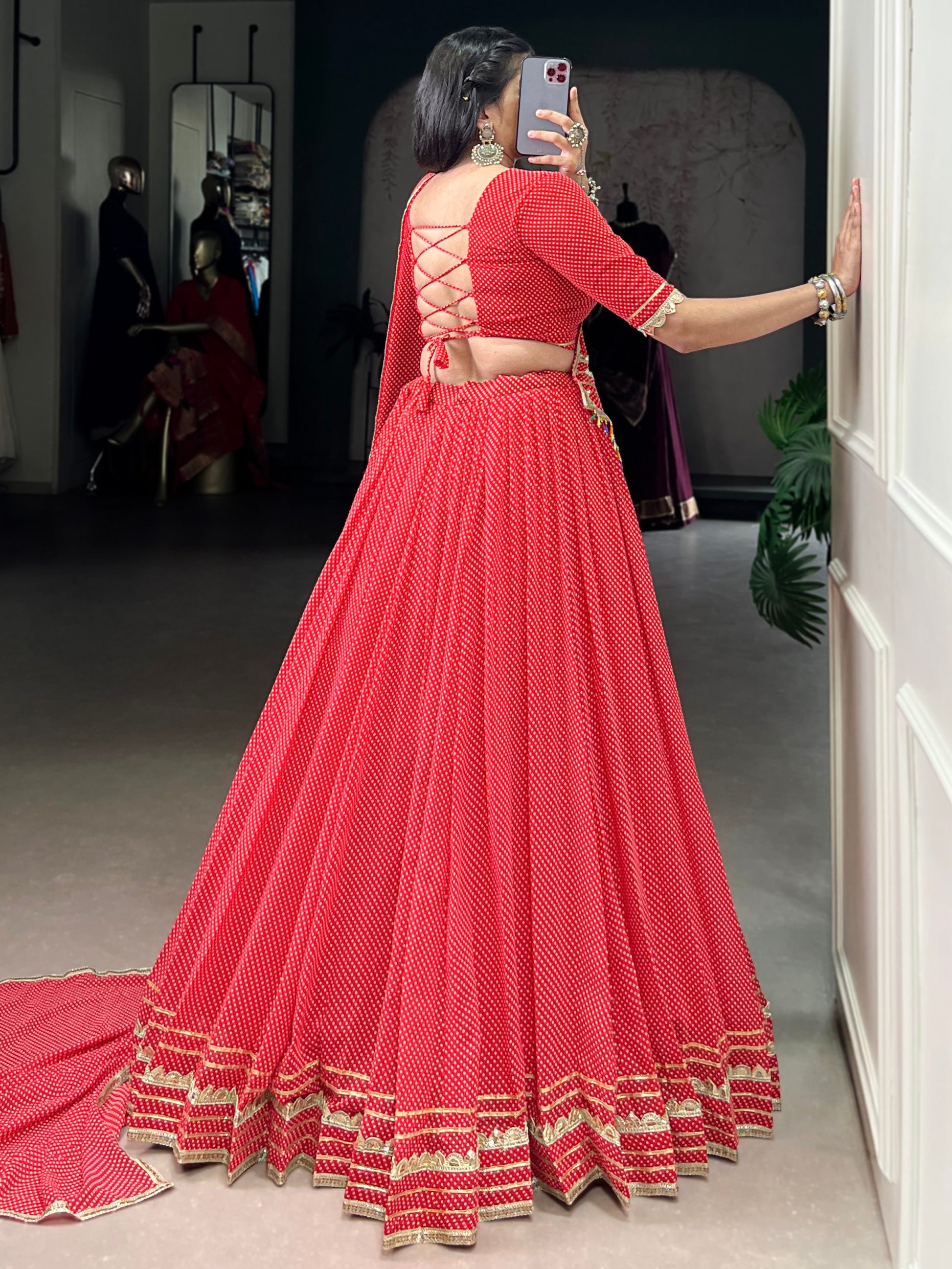 Charming Red Bandhej Print Georgette Navratri Special Lehenga With Blouse