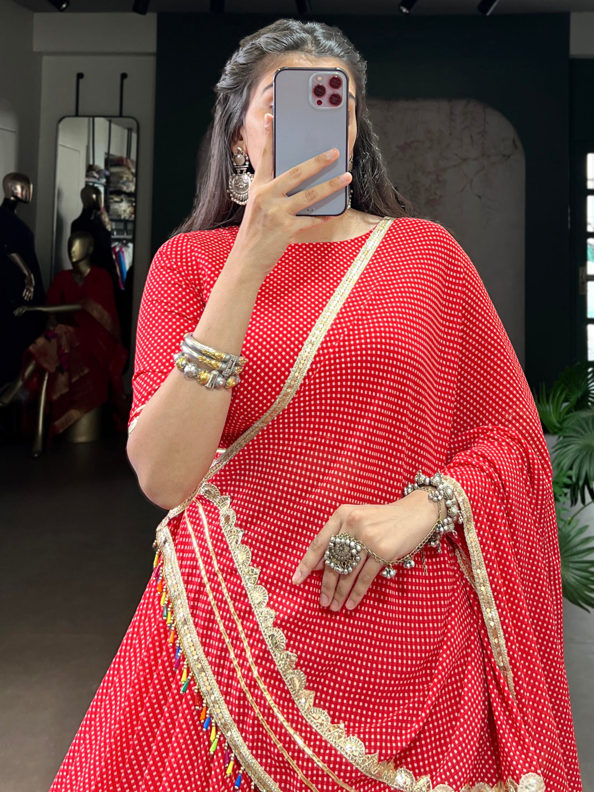 Charming Red Bandhej Print Georgette Navratri Special Lehenga With Blouse