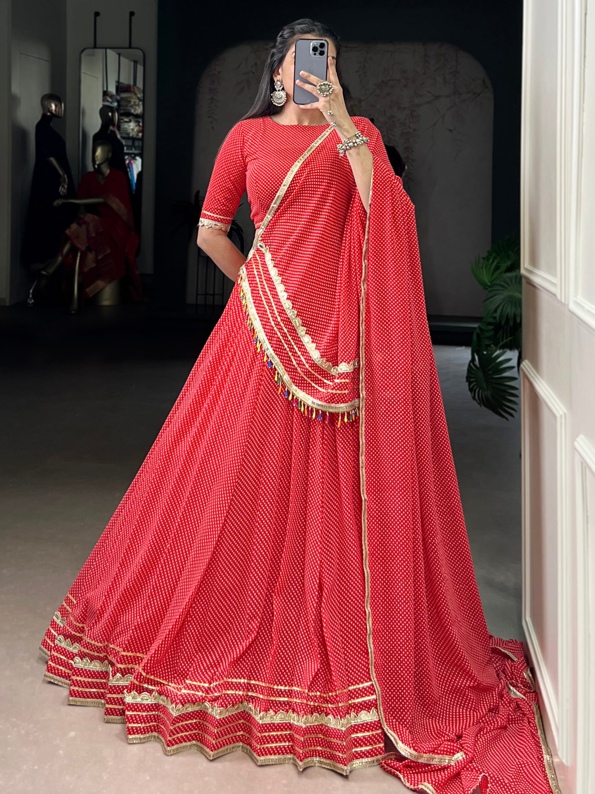 Charming Red Bandhej Print Georgette Navratri Special Lehenga With Blouse