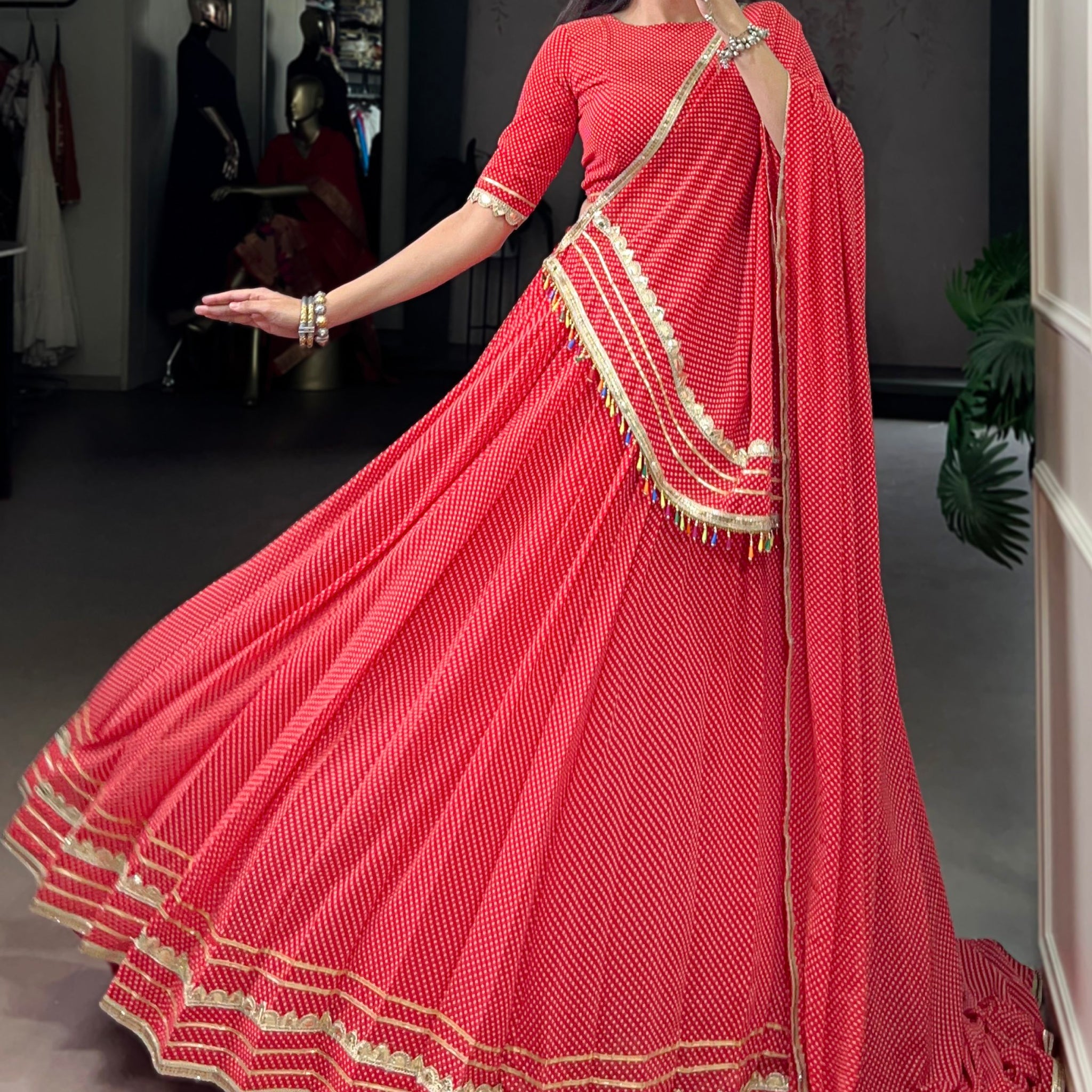 Charming Red Bandhej Print Georgette Navratri Special Lehenga With Blouse