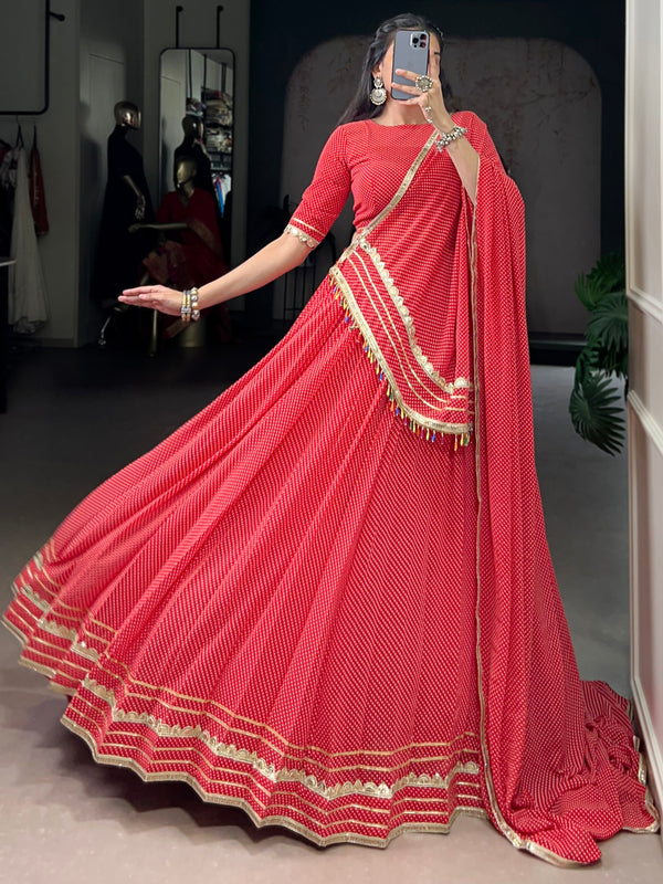 Charming Red Bandhej Print Georgette Navratri Special Lehenga With Blouse