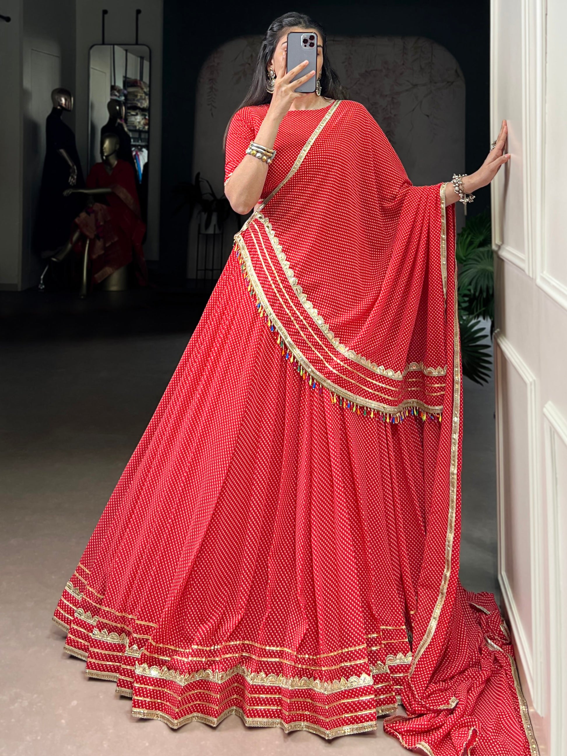 Charming Red Bandhej Print Georgette Navratri Special Lehenga With Blouse