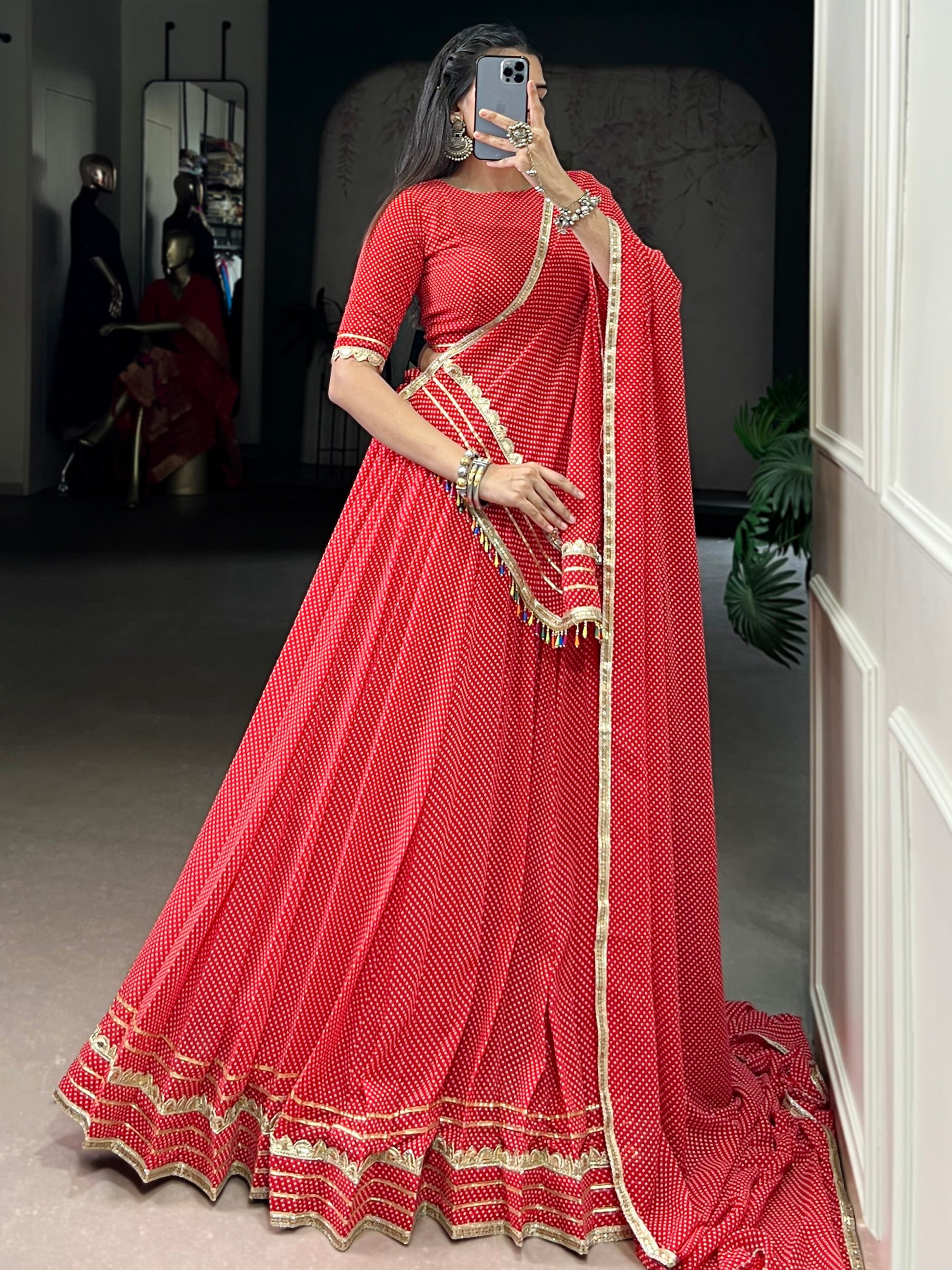 Charming Red Bandhej Print Georgette Navratri Special Lehenga With Blouse