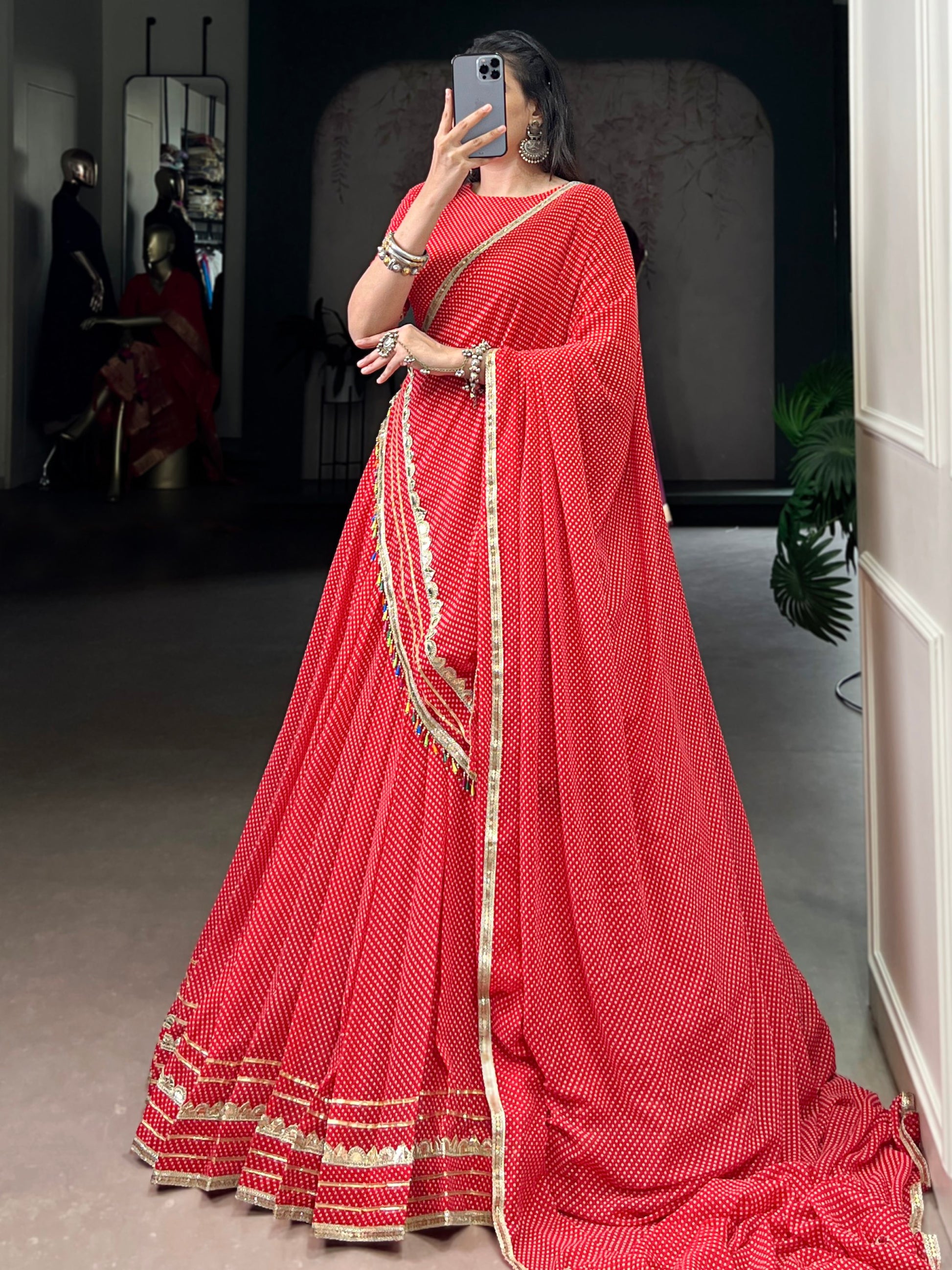 Charming Red Bandhej Print Georgette Navratri Special Lehenga With Blouse