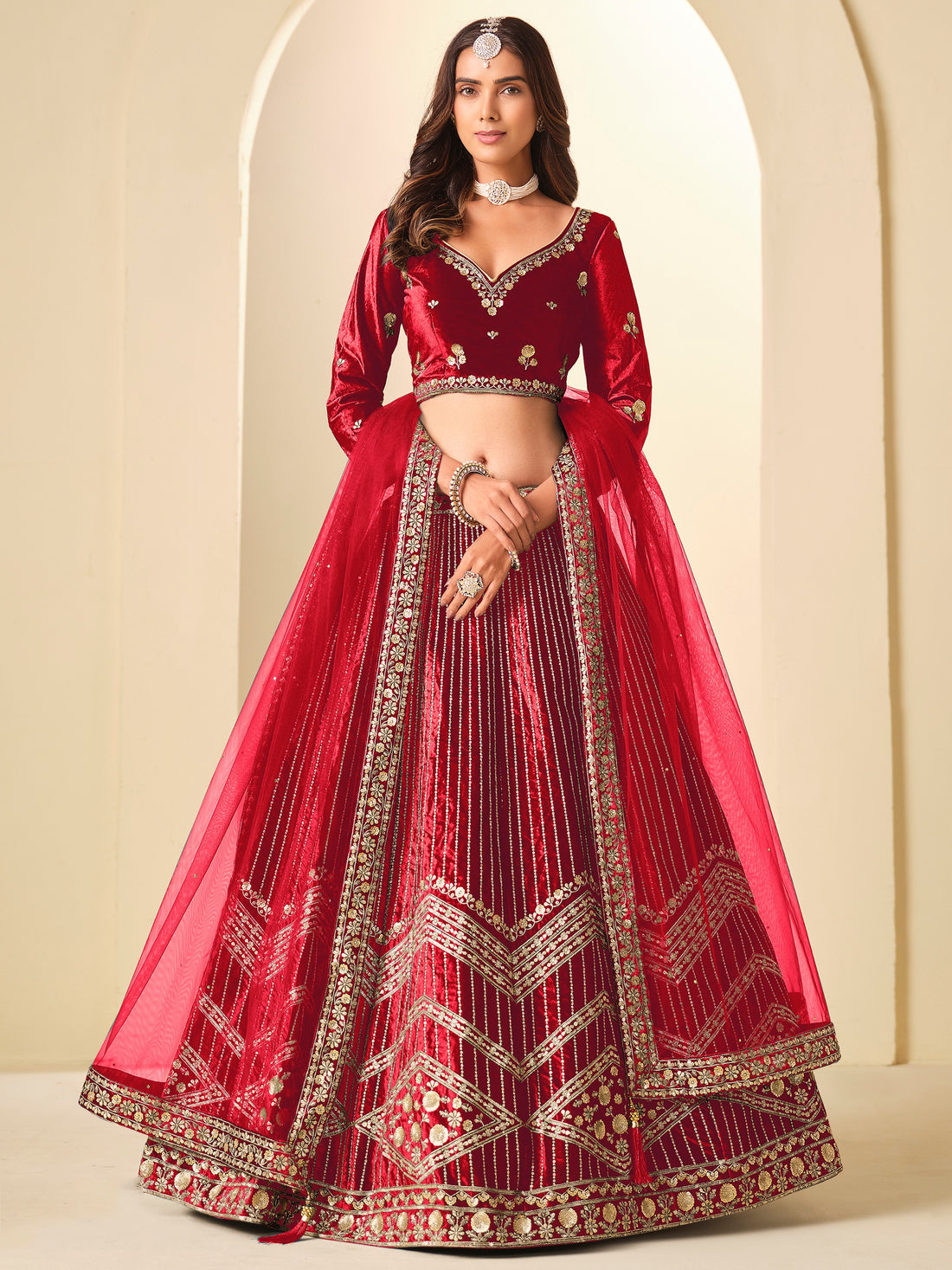 Attractive Red Embroidery Velvet Wedding Wear Lehenga Choli With Dupatta