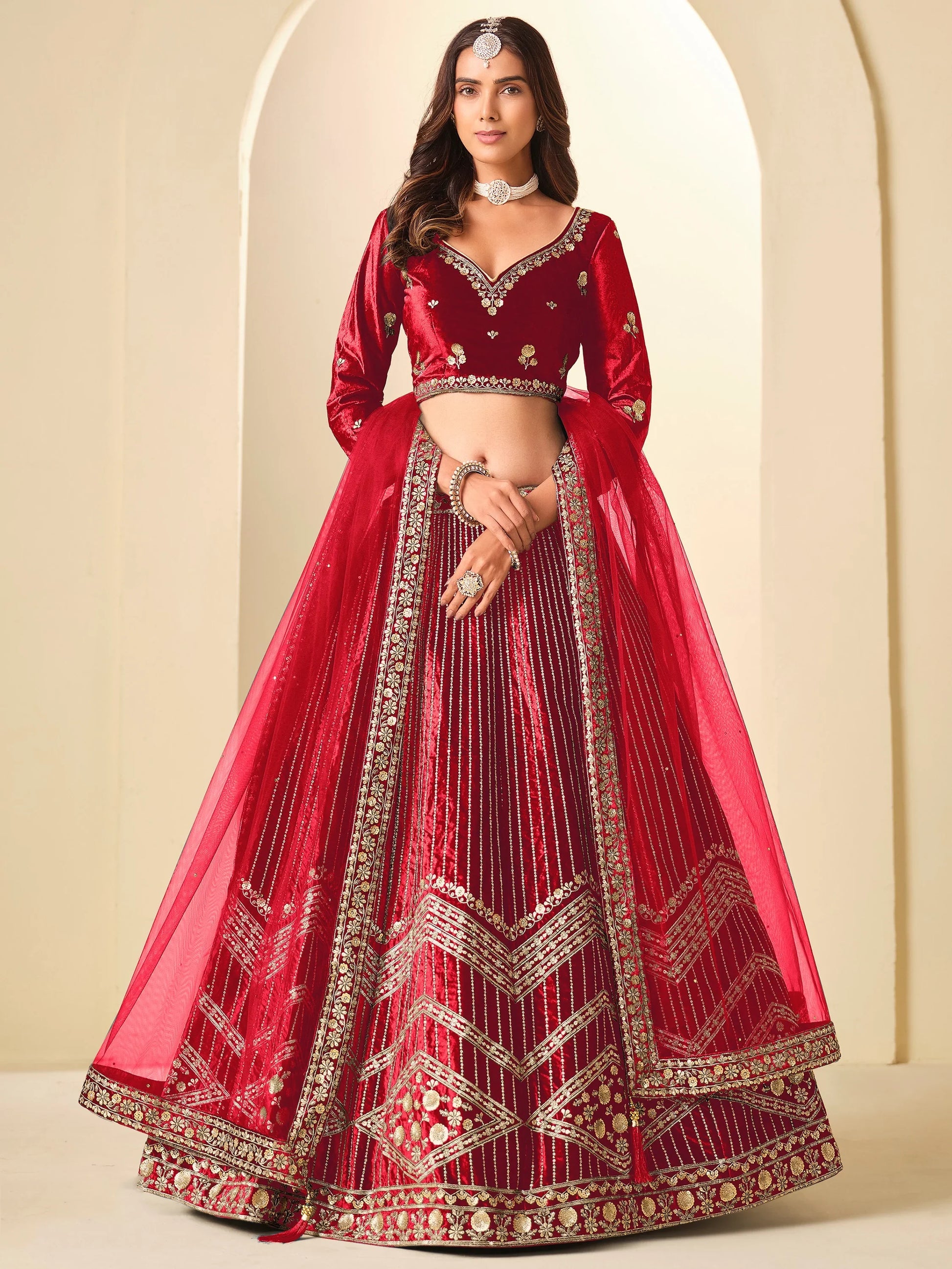 Attractive Red Embroidery Velvet Wedding Wear Lehenga Choli With Dupatta