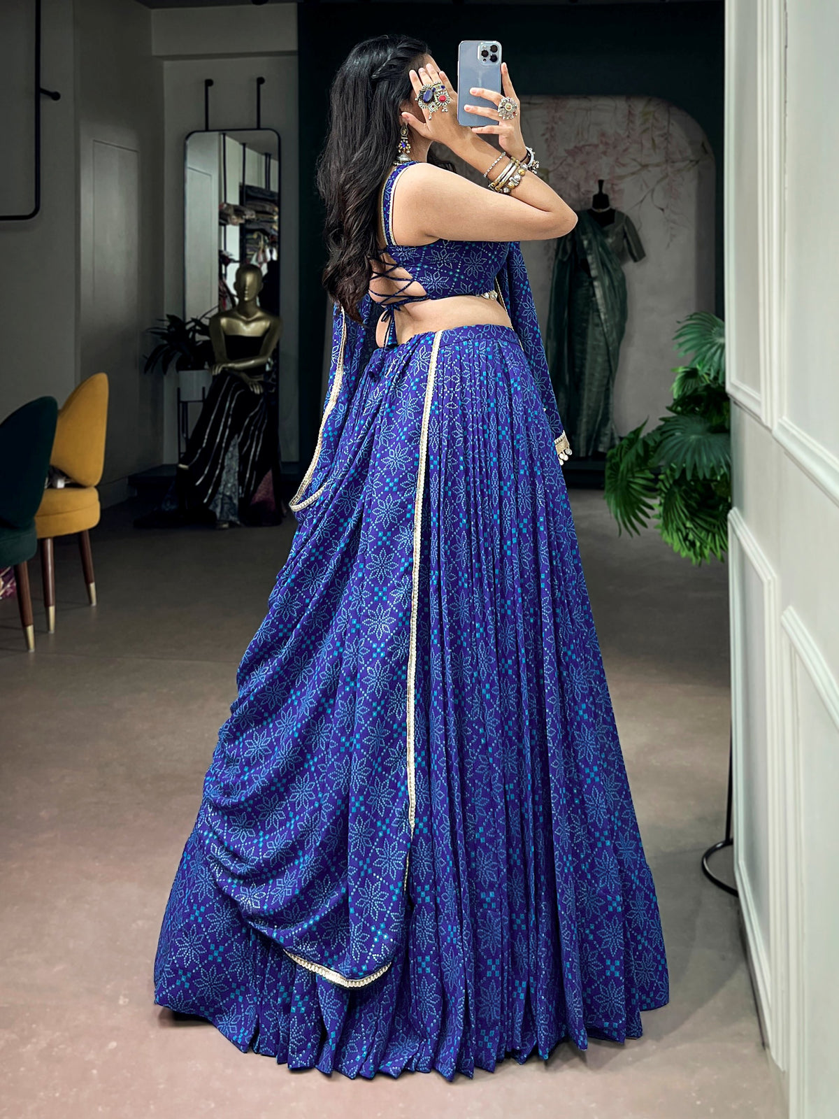 Enchanting Blue Bandhej Print Georgette Navratri Wear Lehenga Choli
