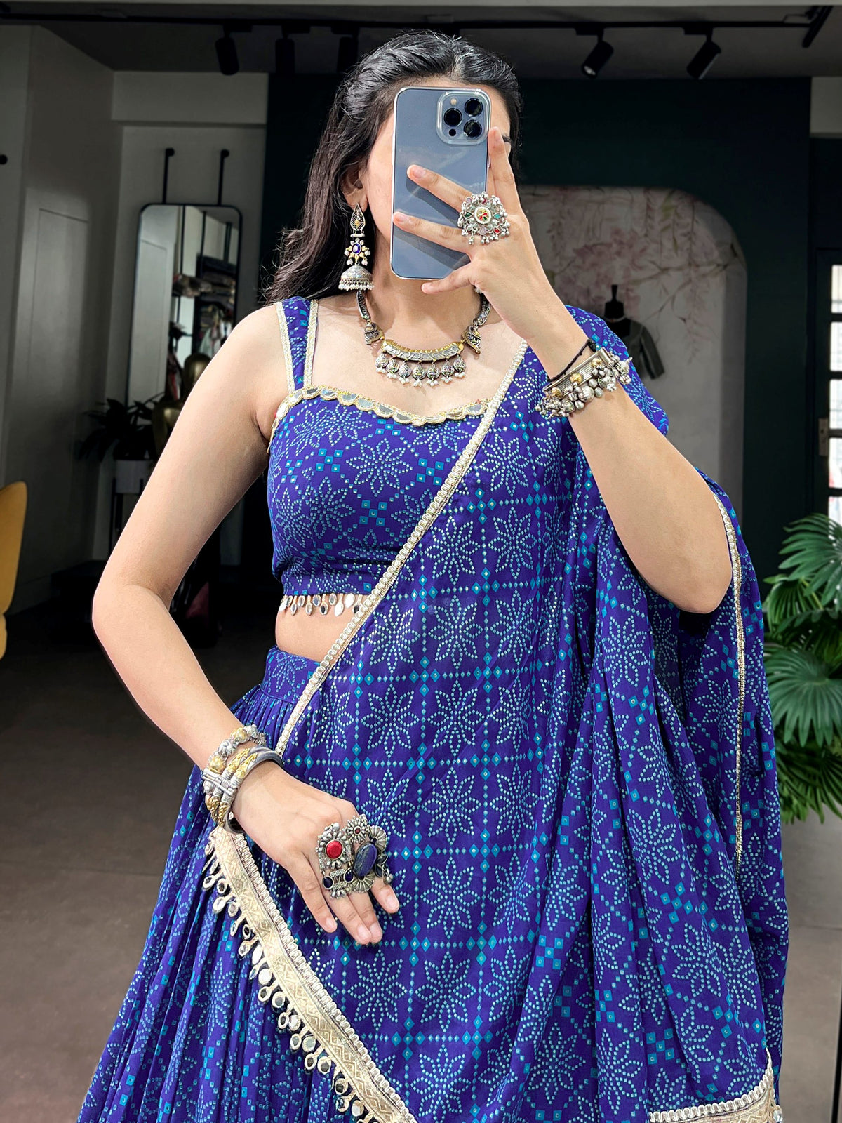 Enchanting Blue Bandhej Print Georgette Navratri Wear Lehenga Choli