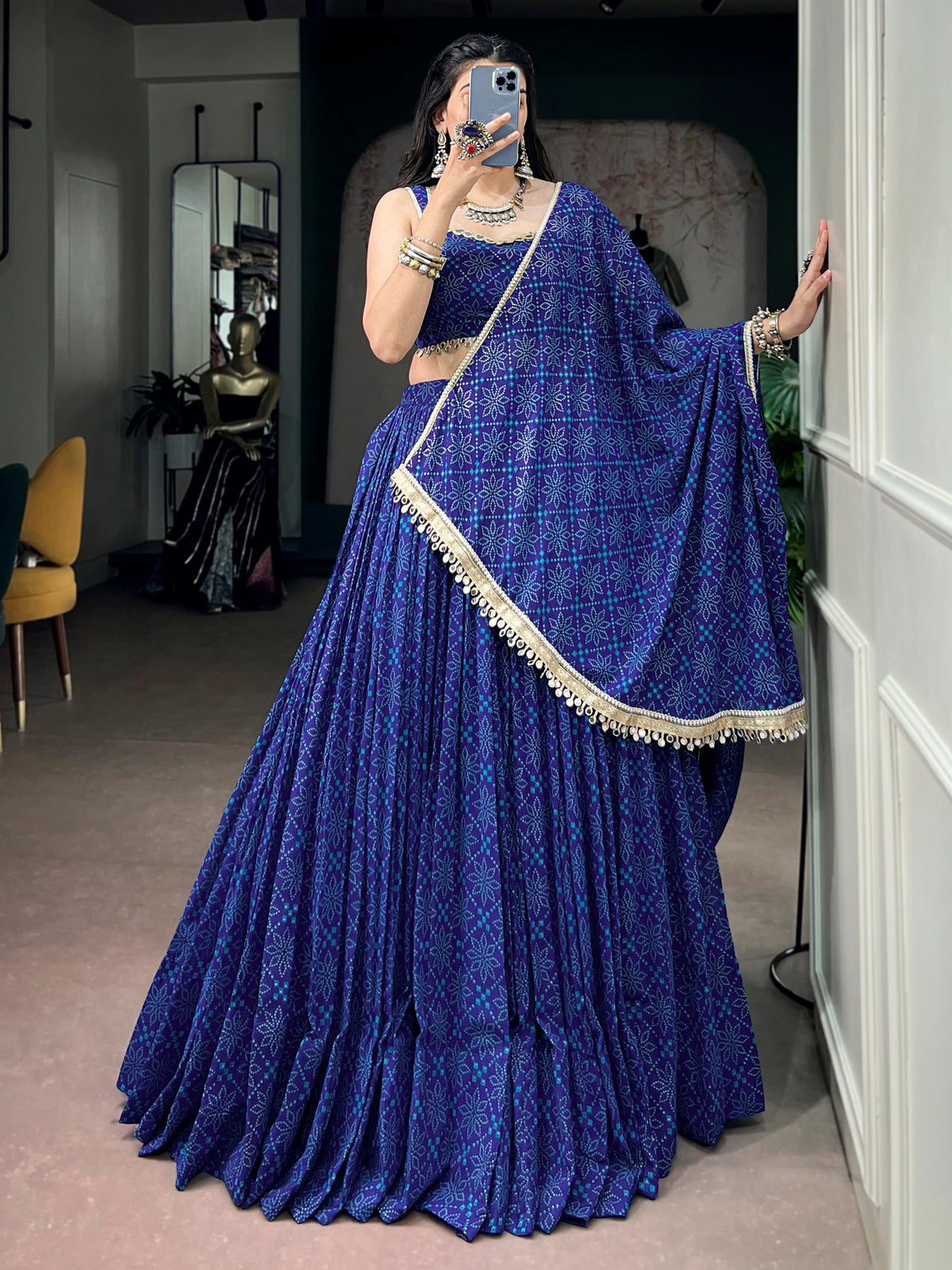 Enchanting Blue Bandhej Print Georgette Navratri Wear Lehenga Choli