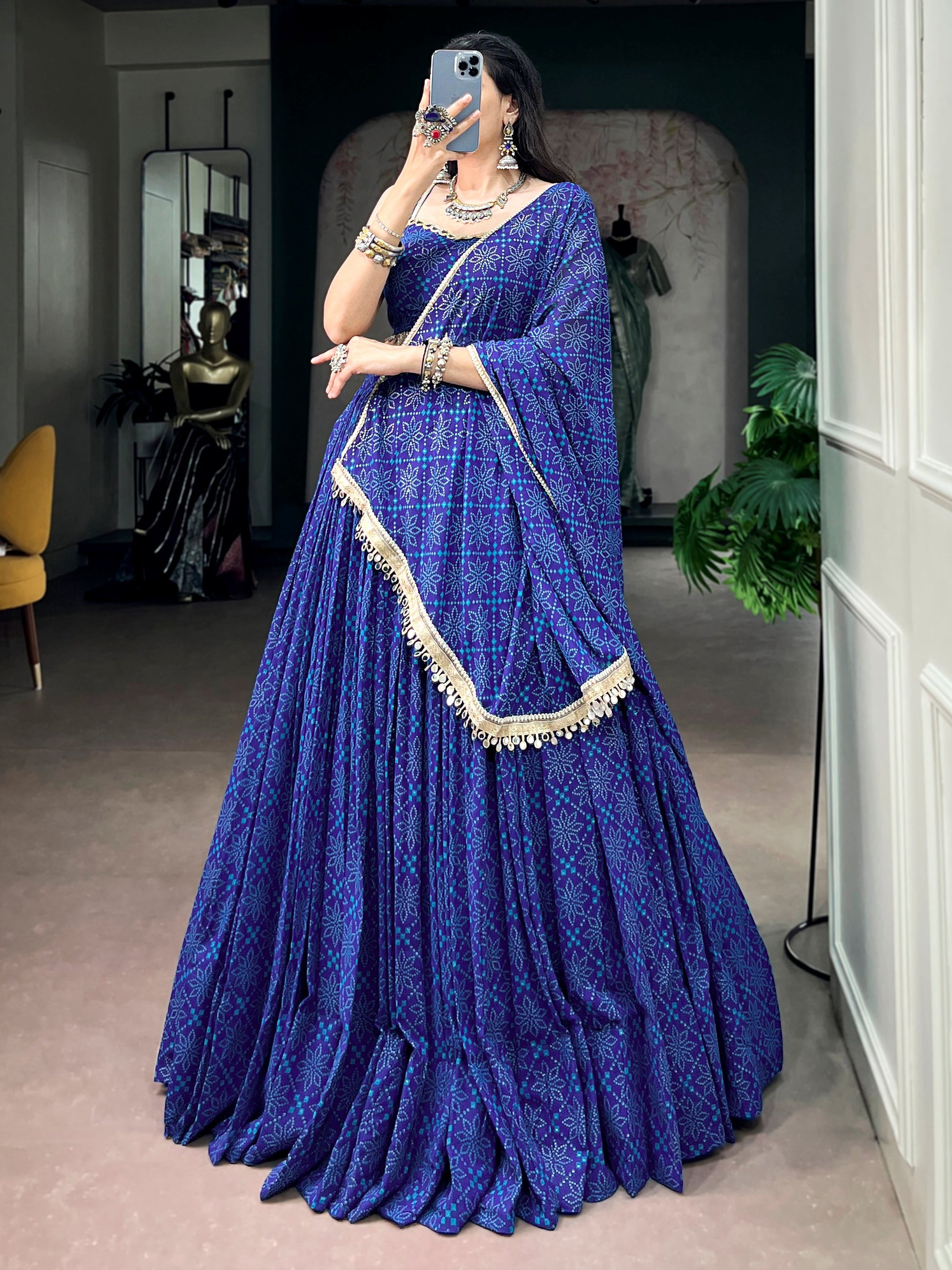 Enchanting Blue Bandhej Print Georgette Navratri Wear Lehenga Choli