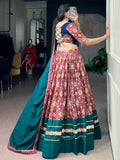 Impressive Teal Printed Silk Navratri Wear Lehenga Choli With Dupatta 