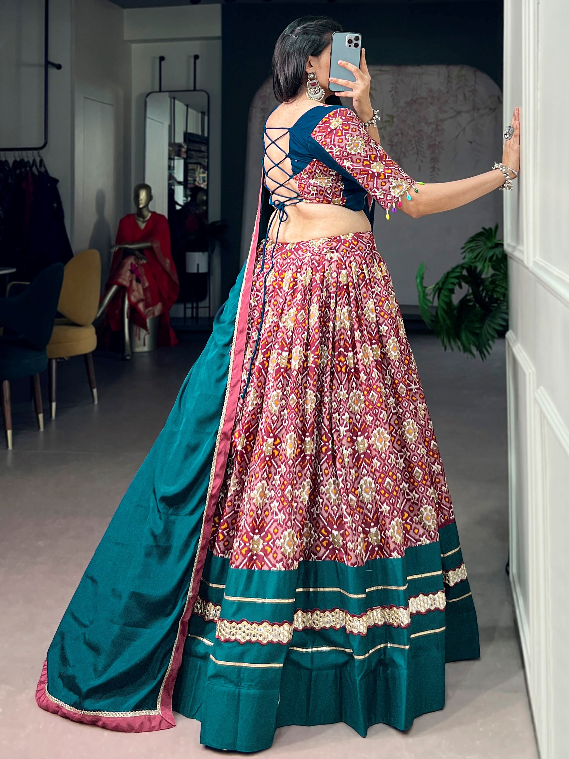 Impressive Teal Printed Silk Navratri Wear Lehenga Choli With Dupatta 
