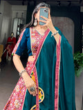 Impressive Teal Printed Silk Navratri Wear Lehenga Choli With Dupatta 