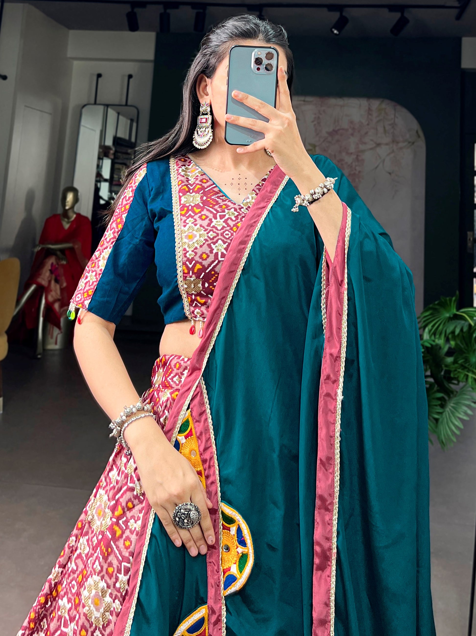 Impressive Teal Printed Silk Navratri Wear Lehenga Choli With Dupatta 