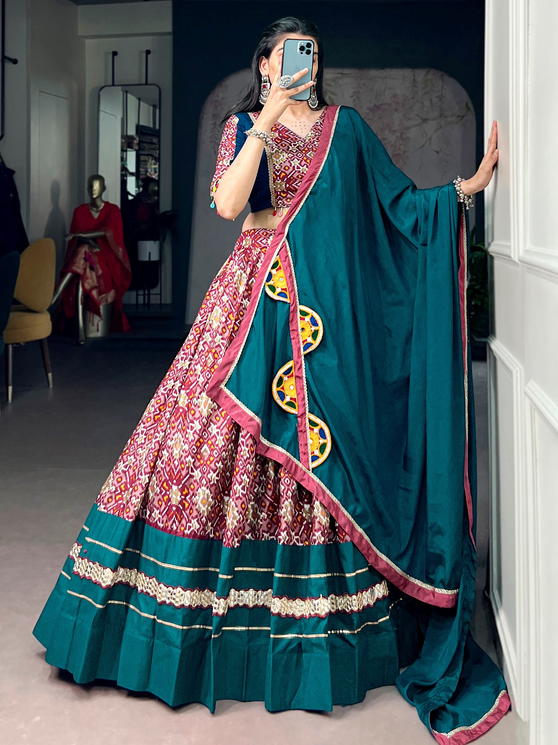 Impressive Teal Printed Silk Navratri Wear Lehenga Choli With Dupatta 