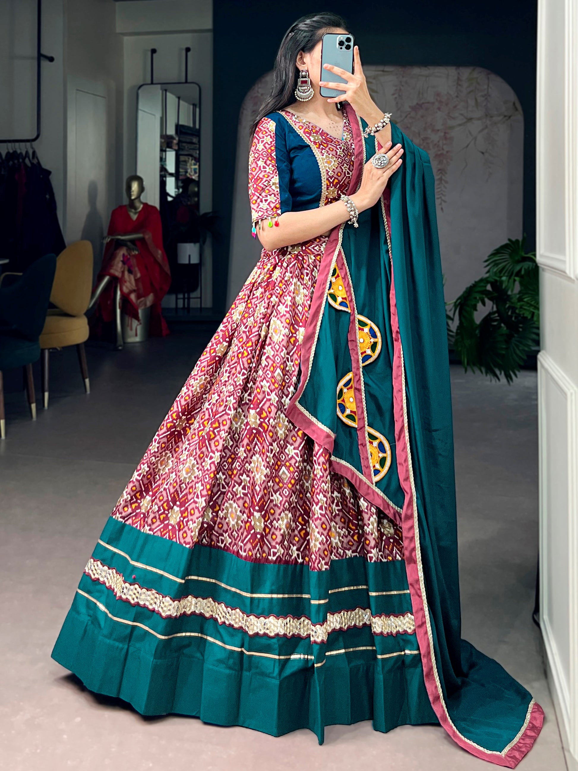 Impressive Teal Printed Silk Navratri Wear Lehenga Choli With Dupatta 