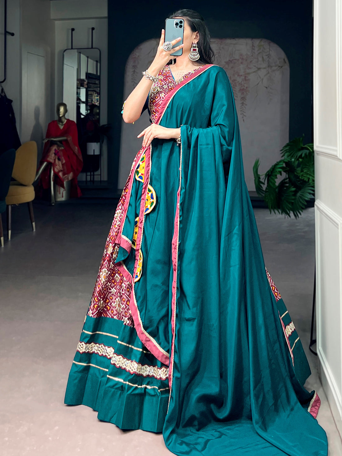 Impressive Teal Printed Silk Navratri Wear Lehenga Choli With Dupatta 