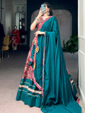 Impressive Teal Printed Silk Navratri Wear Lehenga Choli With Dupatta 