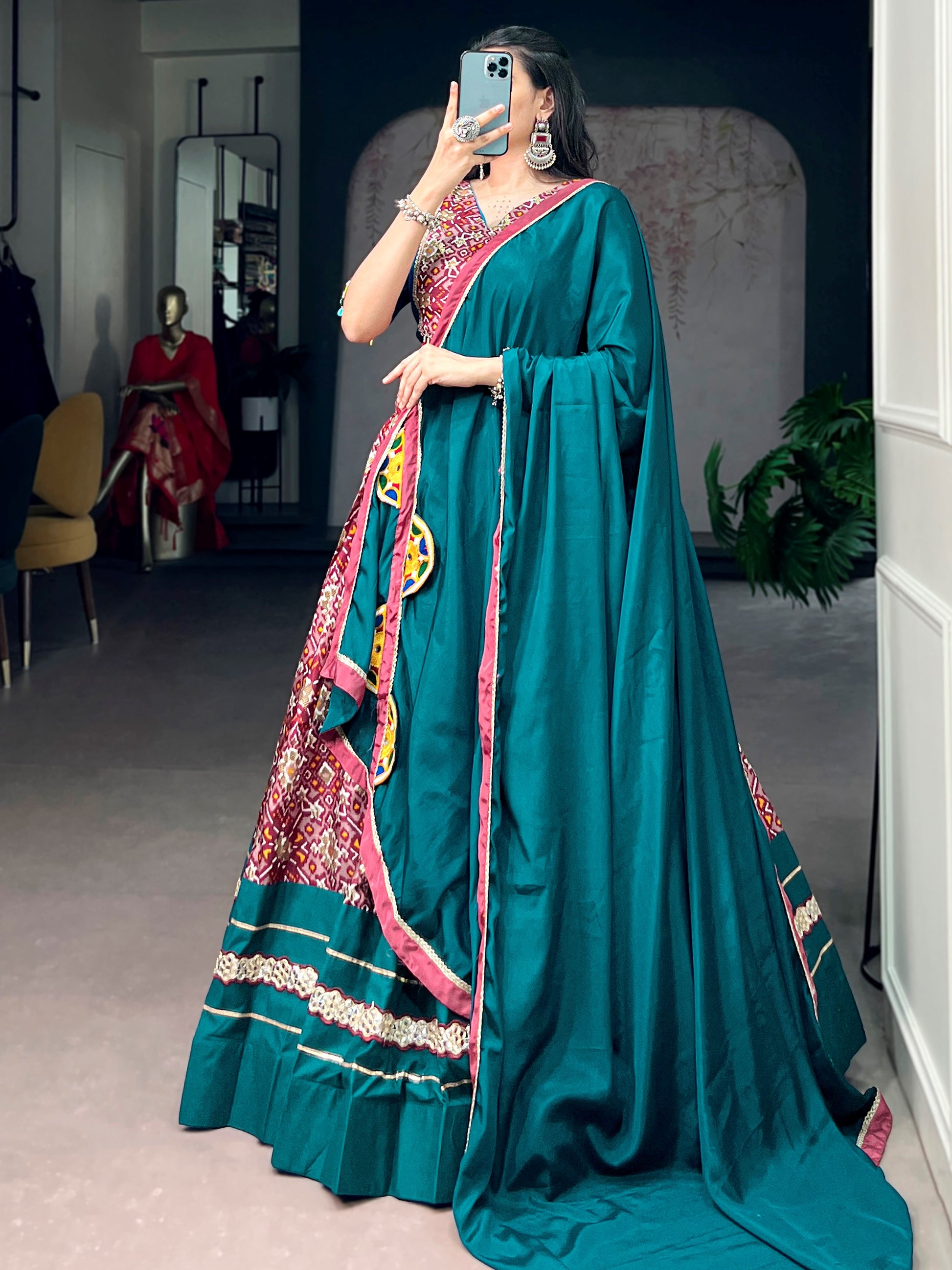 Impressive Teal Printed Silk Navratri Wear Lehenga Choli With Dupatta 