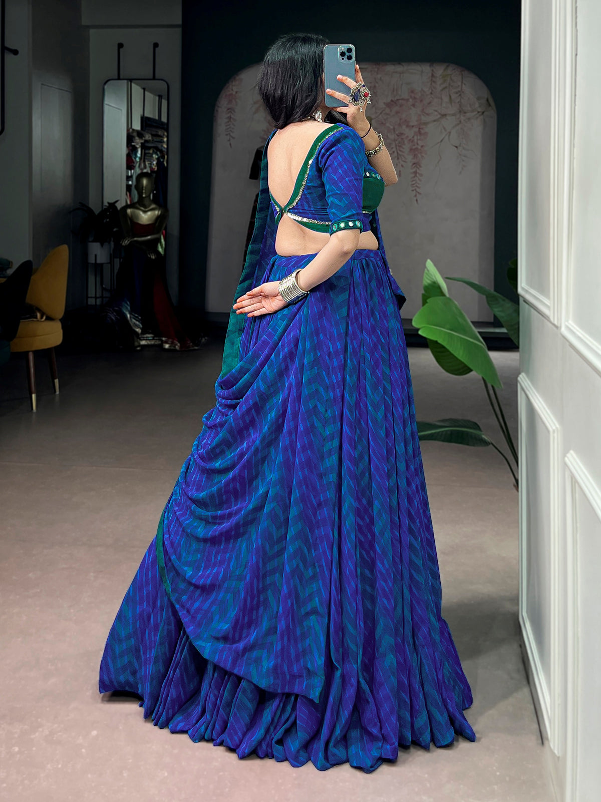 Glowing Navy Blue Mirror Work Georgette Navratri Wear Lehenga Choli