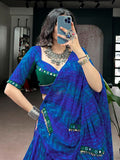 Glowing Navy Blue Mirror Work Georgette Navratri Wear Lehenga Choli