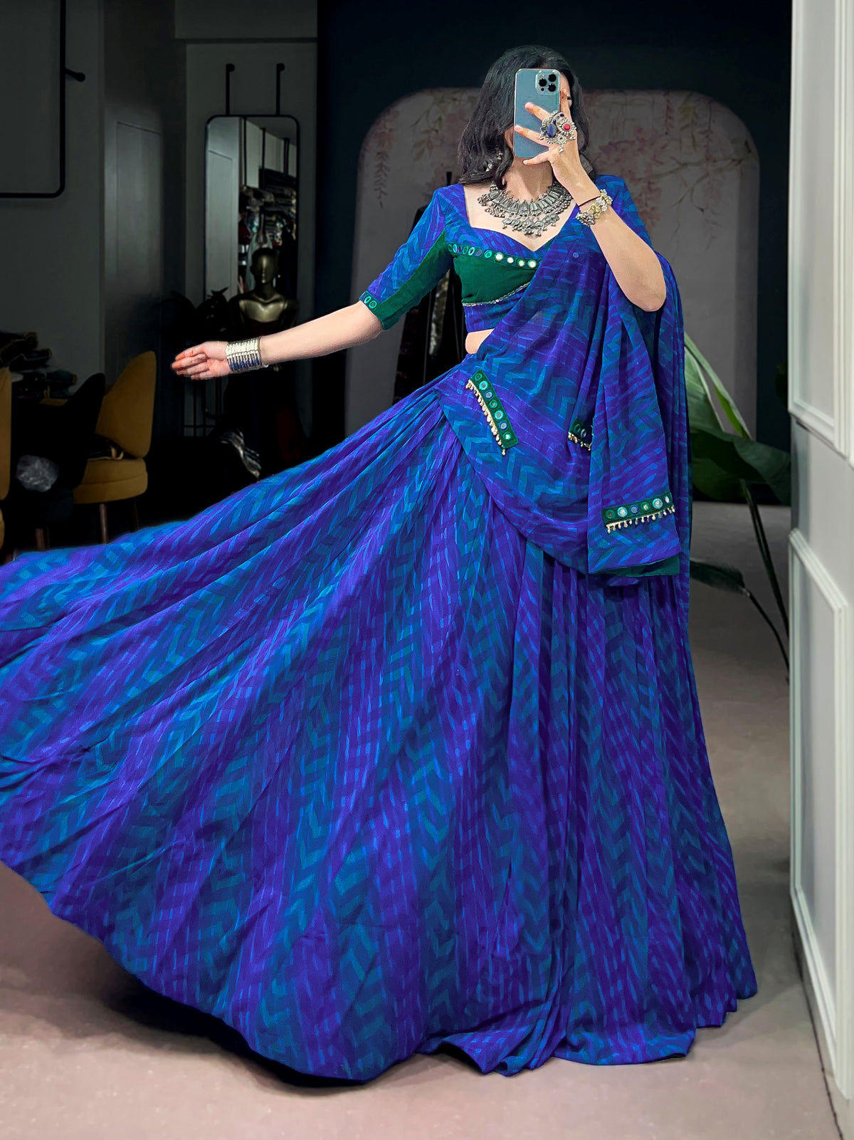 Glowing Navy Blue Mirror Work Georgette Navratri Wear Lehenga Choli