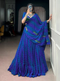 Glowing Navy Blue Mirror Work Georgette Navratri Wear Lehenga Choli