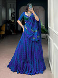Glowing Navy Blue Mirror Work Georgette Navratri Wear Lehenga Choli