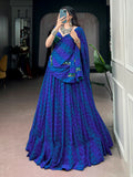 Glowing Navy Blue Mirror Work Georgette Navratri Wear Lehenga Choli