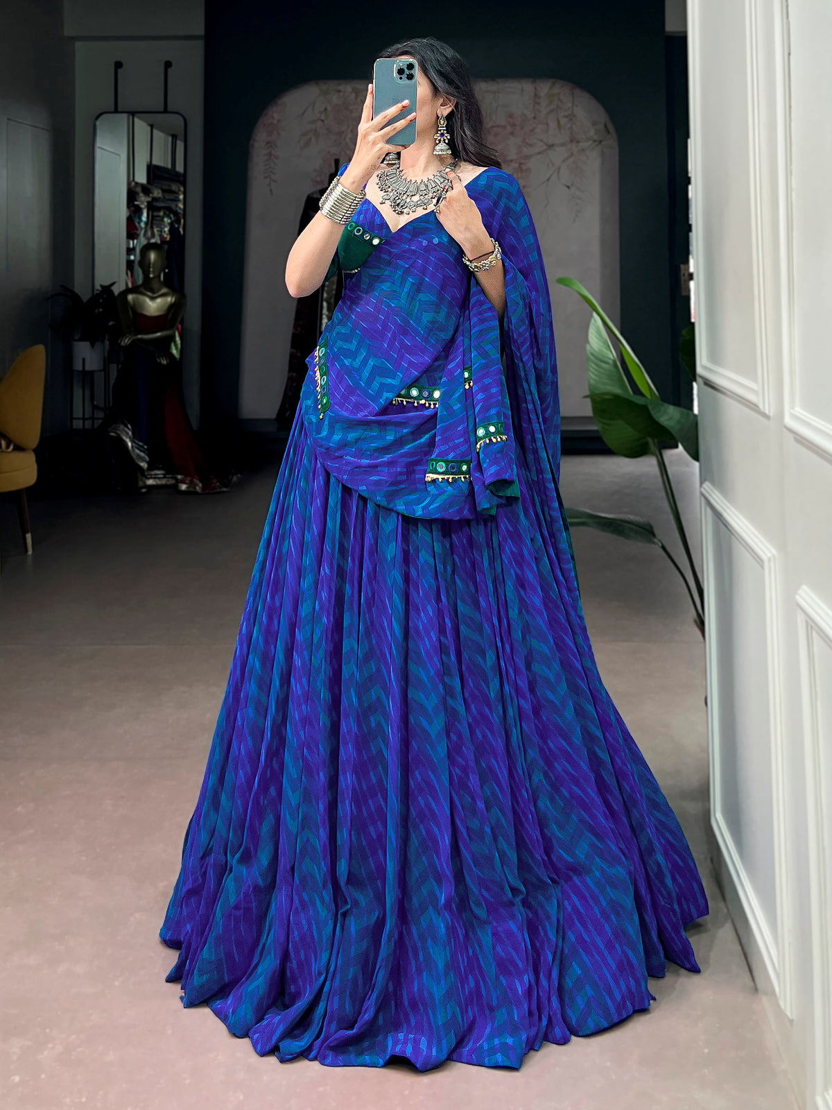 Glowing Navy Blue Mirror Work Georgette Navratri Wear Lehenga Choli