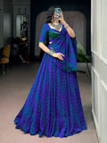 Glowing Navy Blue Mirror Work Georgette Navratri Wear Lehenga Choli