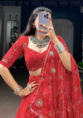 Impressive Red Sequins Work Georgette Navratri Wear Lehenga Choli
