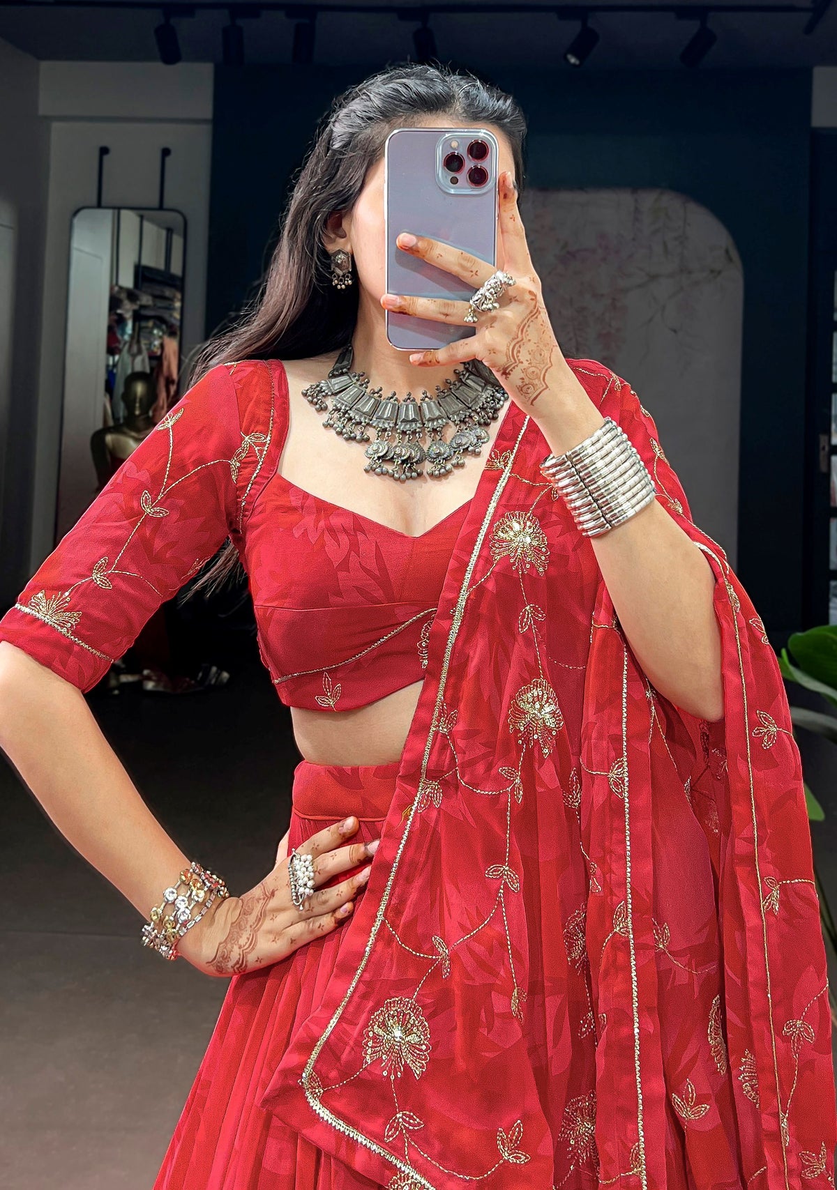 Impressive Red Sequins Work Georgette Navratri Wear Lehenga Choli