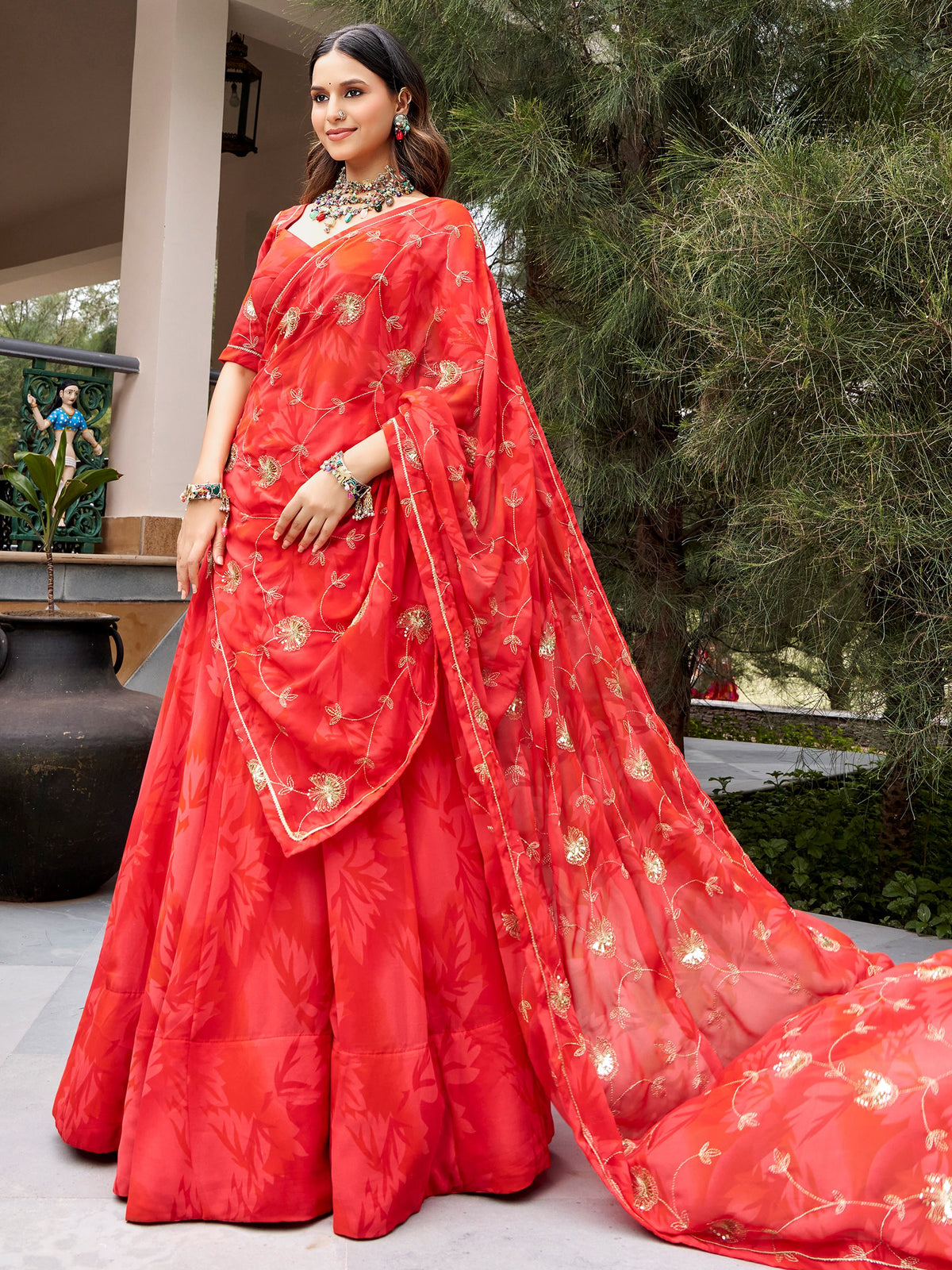 Radiant Red Printed Georgette Navratri Wear Lehenga Choli
