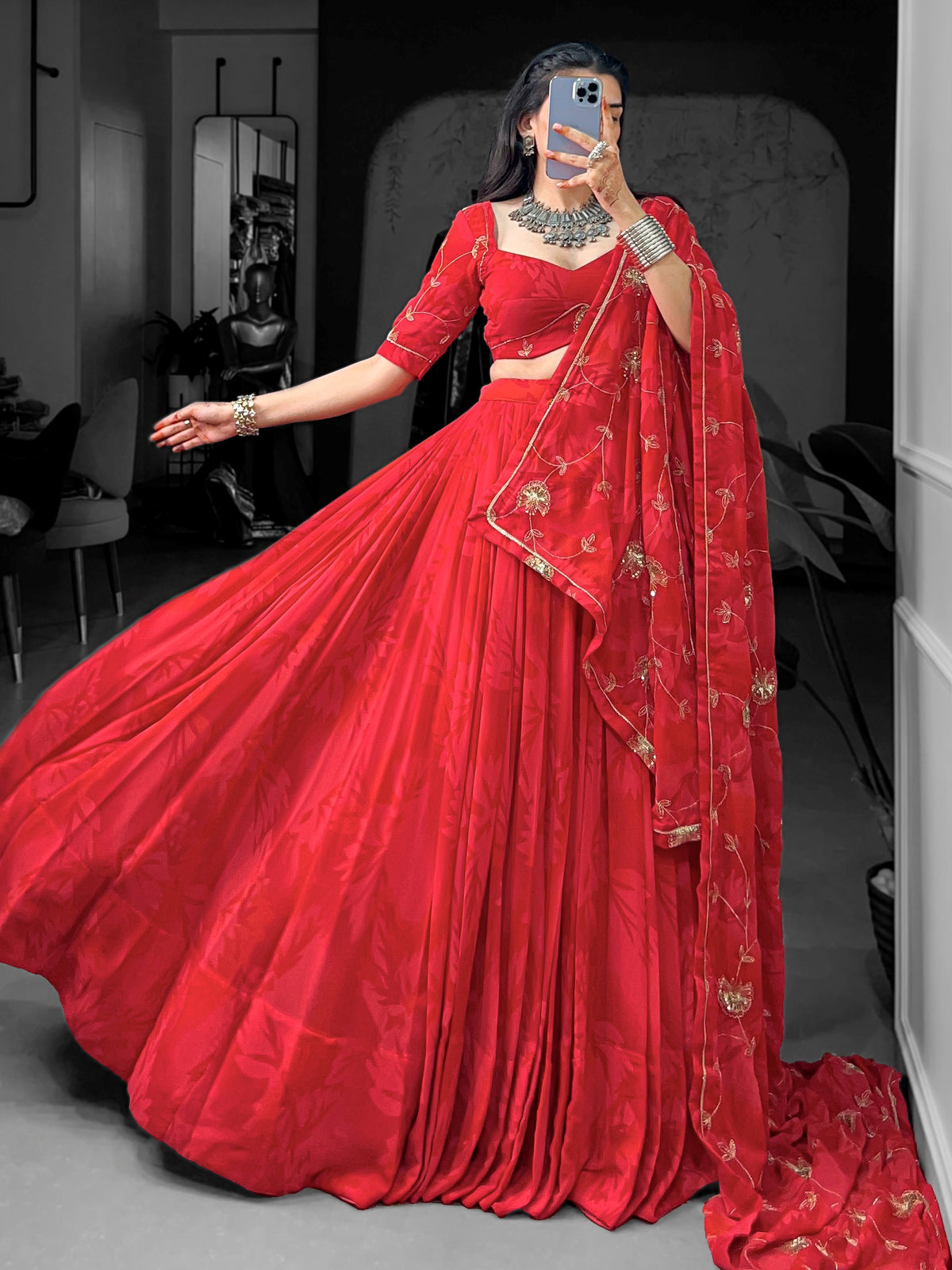 Impressive Red Sequins Work Georgette Navratri Wear Lehenga Choli