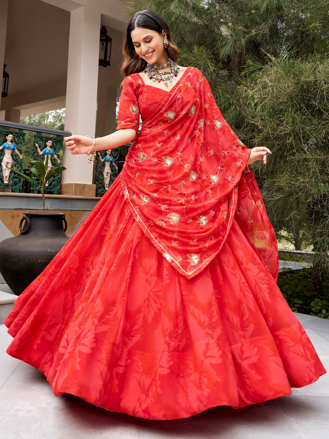 Radiant Red Printed Georgette Navratri Wear Lehenga Choli