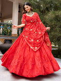 Radiant Red Printed Georgette Navratri Wear Lehenga Choli