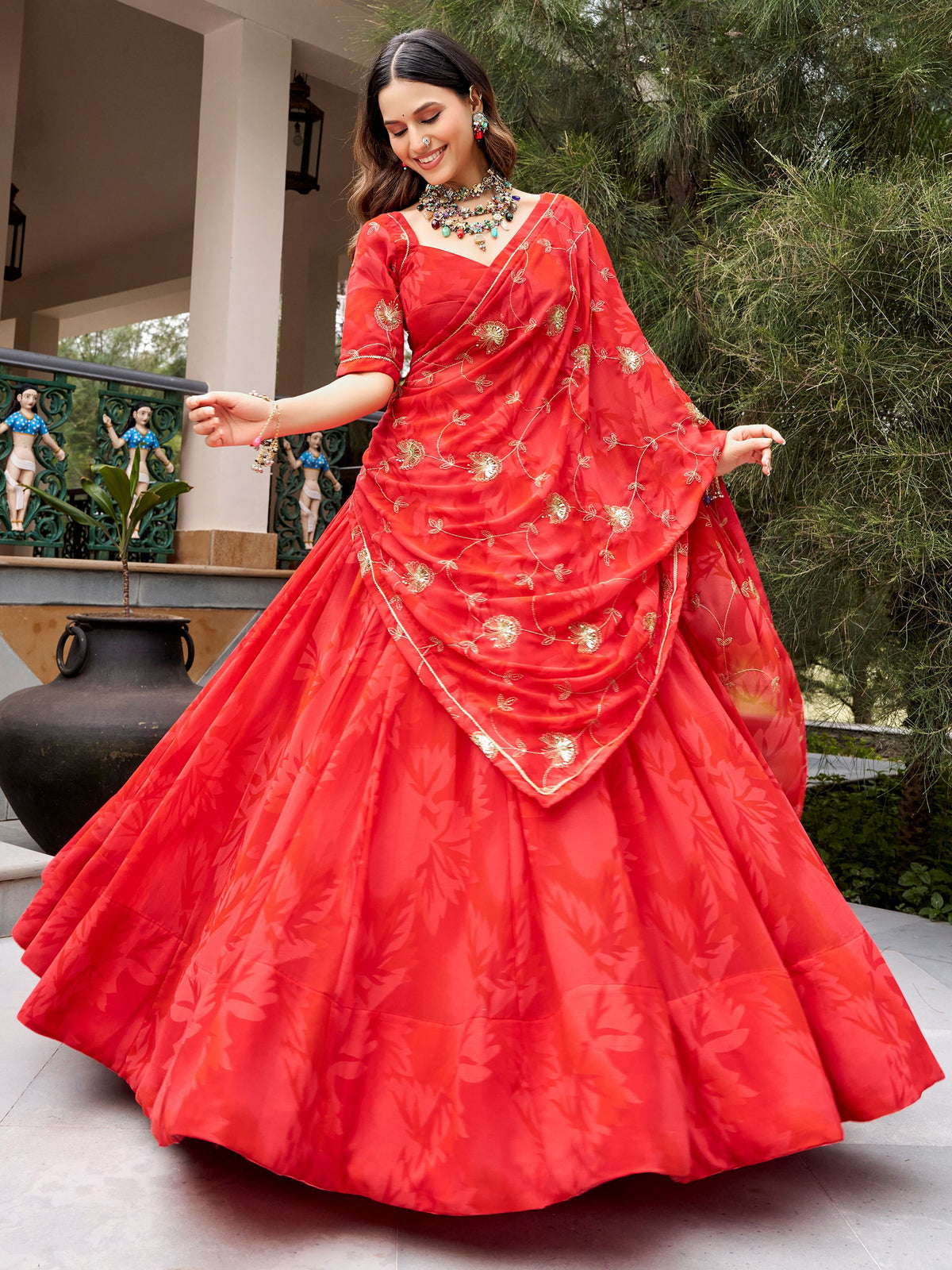 Radiant Red Printed Georgette Navratri Wear Lehenga Choli