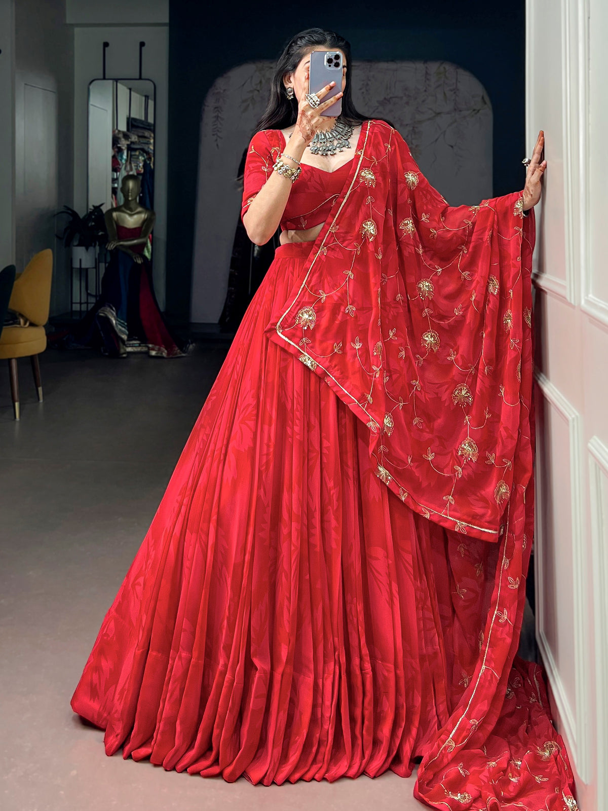 Impressive Red Sequins Work Georgette Navratri Wear Lehenga Choli