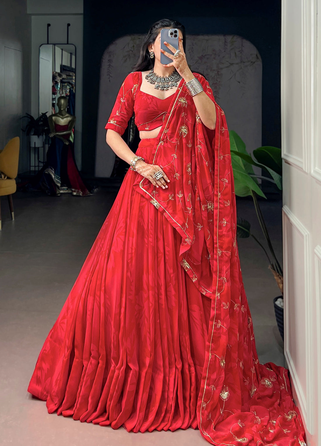 Impressive Red Sequins Work Georgette Navratri Wear Lehenga Choli