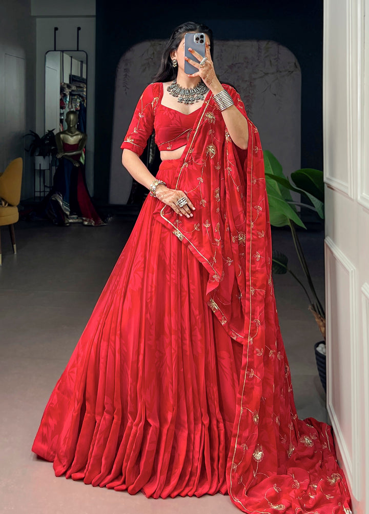 Impressive Red Sequins Work Georgette Navratri Wear Lehenga Choli